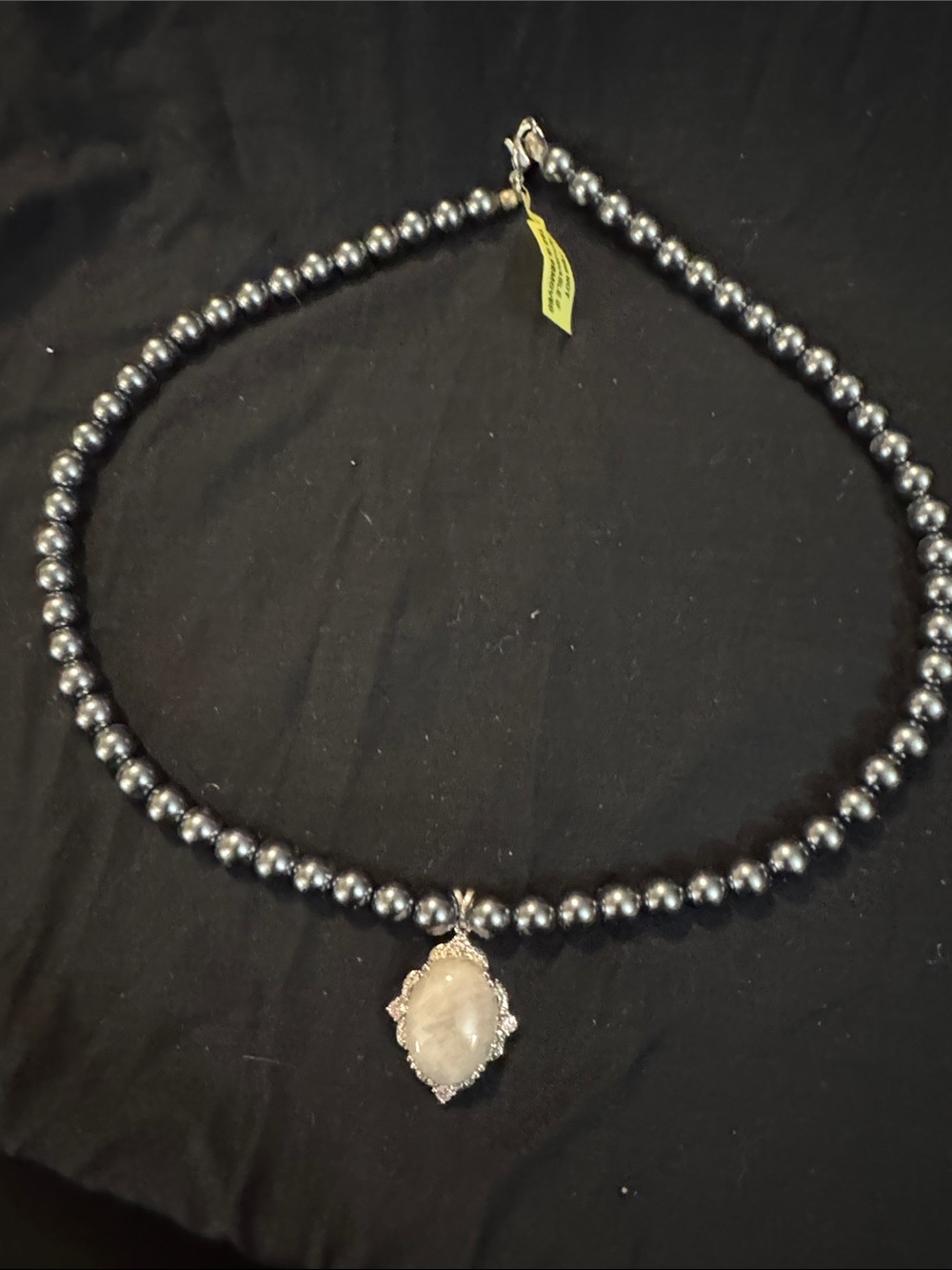 Gray Pearl Beaded Necklace with Oval Pendant - Brand Unspecified